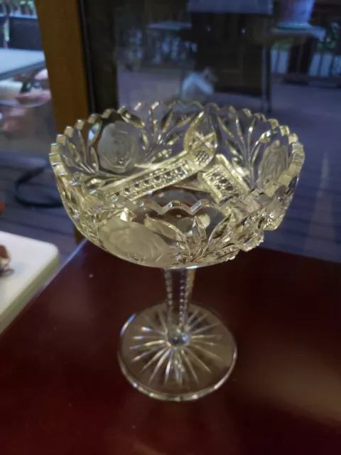 8" COMPOTE American brilliant Period Cut glass Crystal Hobstar Rose Geometric