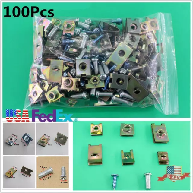 100Pcs Car Body Door Panel U-Nuts Fastener Screw Gasket Fender Metal Clips Kit