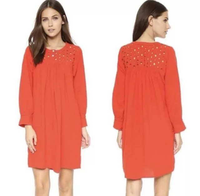 Madewell Women's Red Orange Eyelet Daybreak Long Sleeve Linen Dress Large