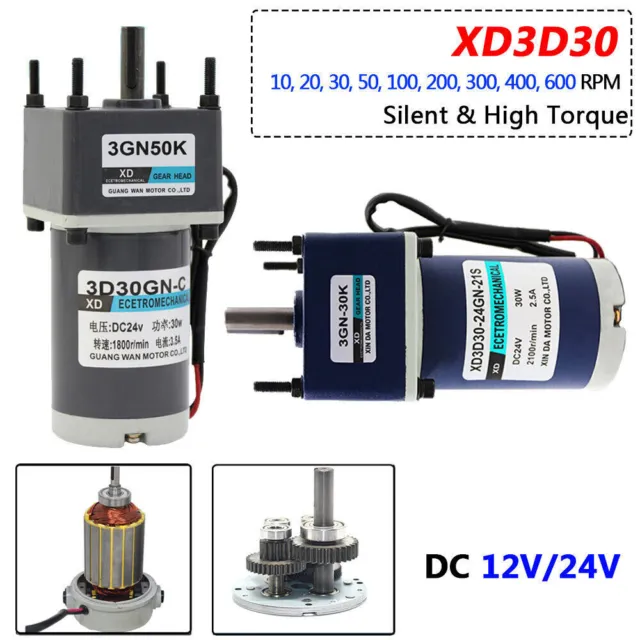 DC 12V/24V Micro Gearmotor 30W Silent Metal Gearbox Motor 10RPM to 600RPM XD3D30