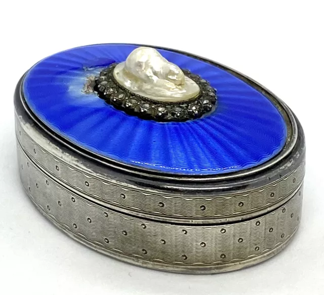 Antique French Sterling Silver Enamel Pearl Marcasite  Snuff Pill Box 63.4g