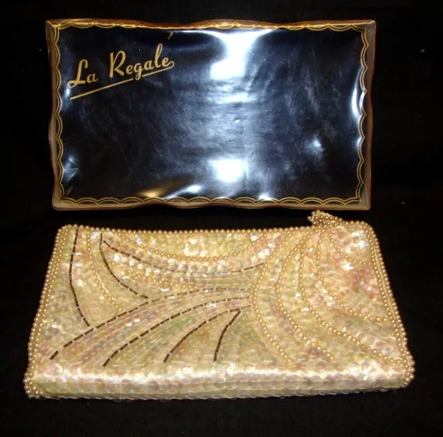 Vtg. La Regale Hand Beaded/Sequin Small Zippered Clutch/Box Handmade Silk Japan