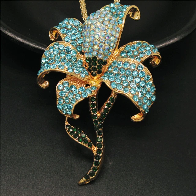 New Betsey Johnson Blue Rhinestone Bling Flower Crystal Pendant Women Necklace