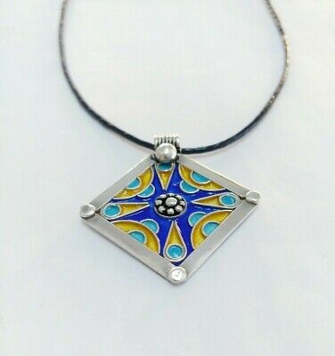 Berber Silver Pendant Morocco And Enamel Glass Cabochon Beads Enameled Necklace
