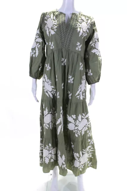 Ahilaya Women's Long Sleeve Floral Embroidered V-Neck Maxi Dress Green Size 42