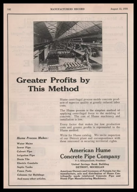 1926 American Hume Concrete Pipe Detroit Photo Factory Molding Process Print Ad