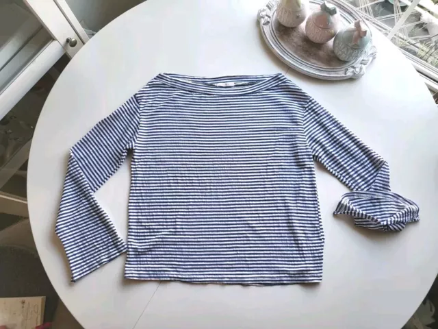 Blue & White Striped Linen Blend Boat Neck Top Long Sleeve Small/Medium