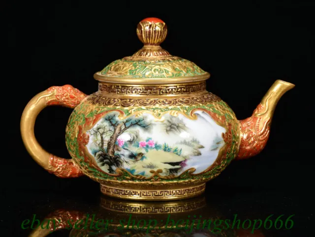 6.8" Qianlong Chinese Colour enamels Gilt Porcelain Handle Wine Teapot Kettle