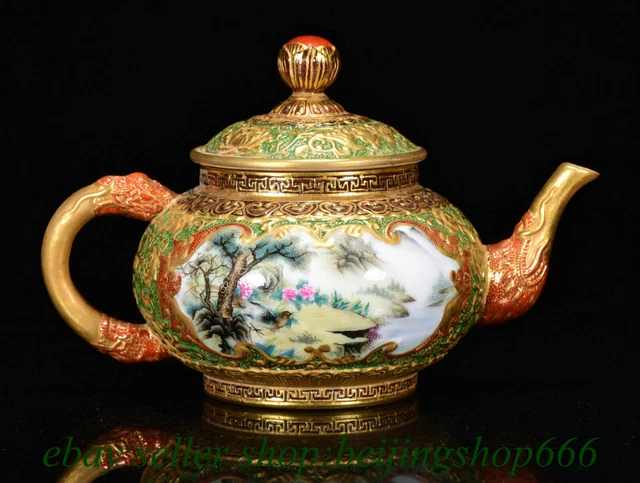 6.8" Qianlong Chinese Colour enamels Gilt Porcelain Handle Wine Teapot Kettle 6.8" Qianlong Chinese Colour enamels Gilt Porcelain Handle Wine Teapot Kettle