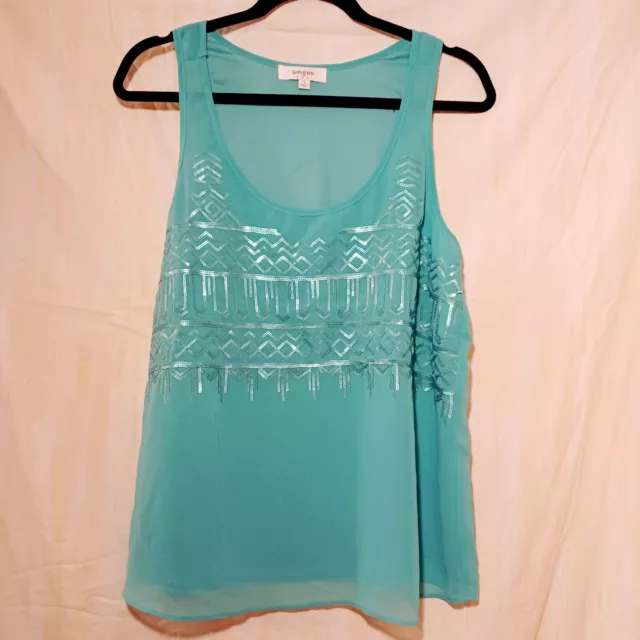 Umgee Women's Tank Top Size Small Scoop Neck Sleeveless Aqua Color Sequins Sheer