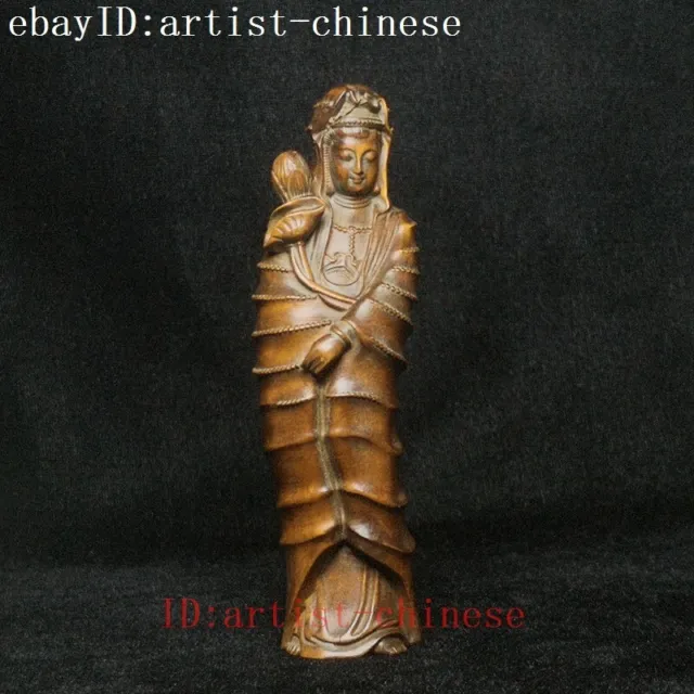 Old Chinese Boxwood Hand carved Avalokitesvara KWAN-YIN Statue Decoration 10 CM