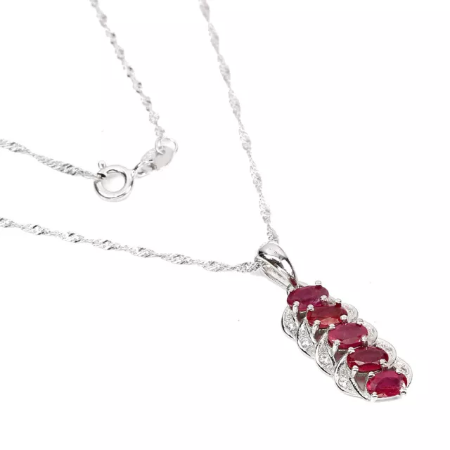 Oval Red Ruby 5x3mm Cz 14K White Gold Plate 925 Sterling Silver Necklace 18 Ins