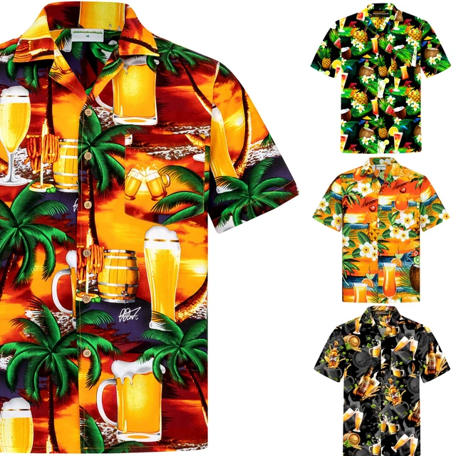 Chemise hawaienne homme orange avec des fleurs d'hibiscus