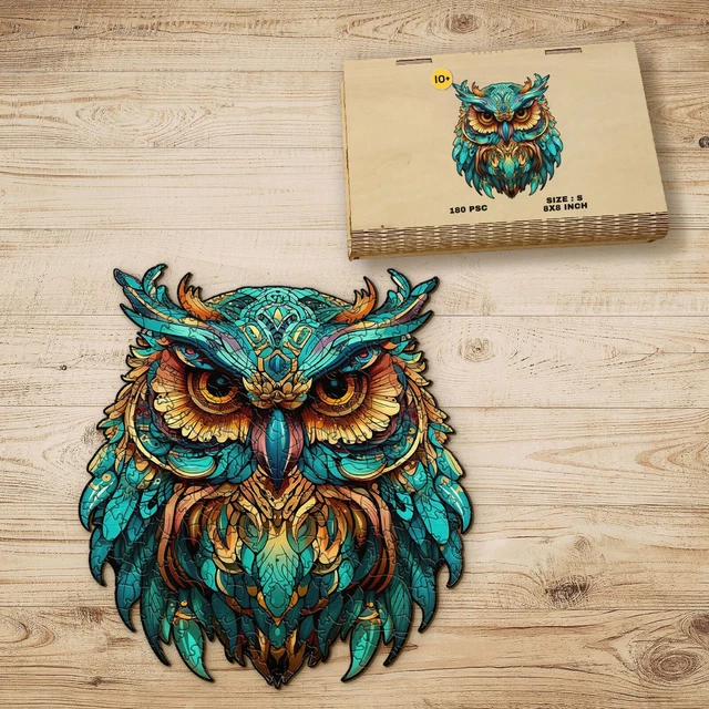 Wooden Jigsaw Puzzle Colored Owl Animal Shape Toy Gift For Adults Kids 11"x11"