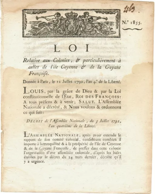 CAYENNE / GUYANE importante loi de réorganisation 1792