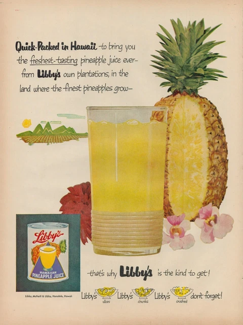 1953 Fruit Juice Pinapple Libbys Vintage Print Ad 50s Hawaiian Breakfast Drink