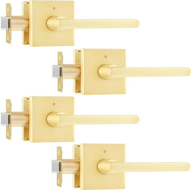 4 Pack Door Handles Gold, Privacy Door Lever Bed and Bath Leverset Lockset, Left