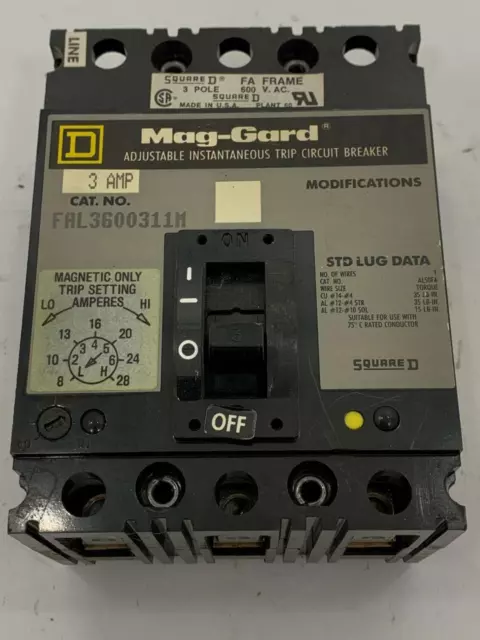 Square D FAL3600311M 3-Pole 3A 600V Mag-Gard Disjoncteur