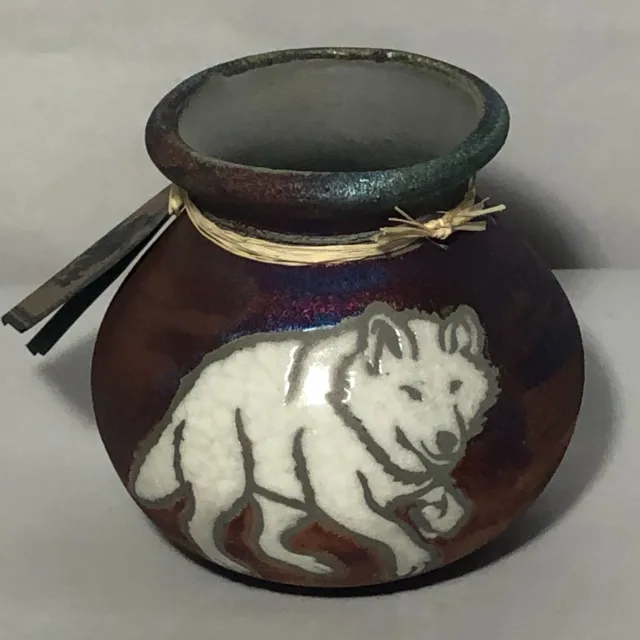 Jeremy Diller Raku Art Pottery Spirit Jar White Wolf Blue/Copper Iridescent 3"