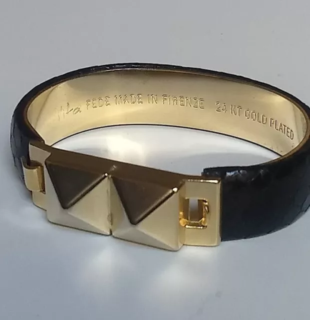 Vtg Vita Fede Black Golden Bangle Cuff Bracelet Florence Italy 24k Gold Plated