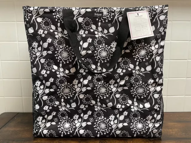 Thirty-One Black White Floral Brush Stokes ROOM FOR TWO Divided Utility Bin Tote