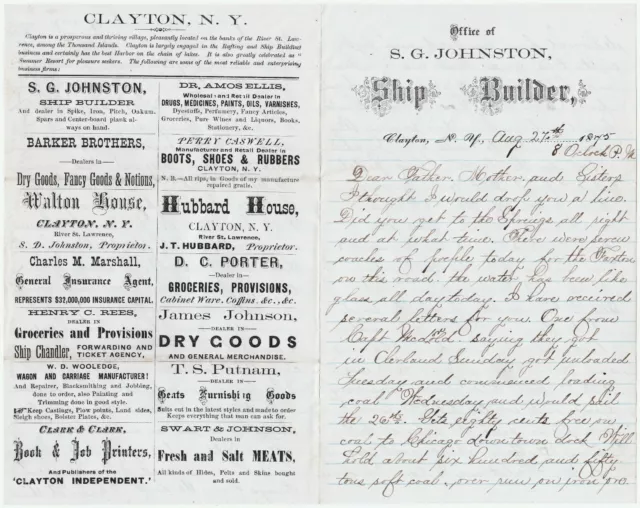 RARE Letterhead & Signed Letter- Capt Simon Johnston Shipbuilder 1875 Clayton NY