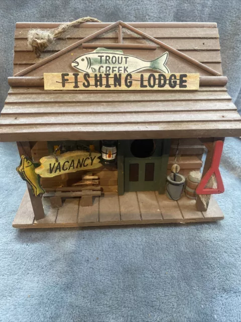Vintage Cabin Bird House Fishing Lodge Style Wooden Collectible
