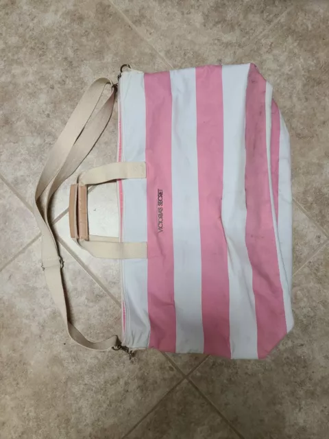 Victoria%27s+Secret+Pink+White+Stripe+Canvas+Tote+Beach+Bag+June+2020+FREESHIP  for sale online