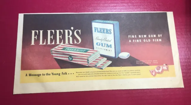 1943 Fleer’s Candy-Coated Chewing Gum Frank H. Fleer Corp print ad 15x7.5”