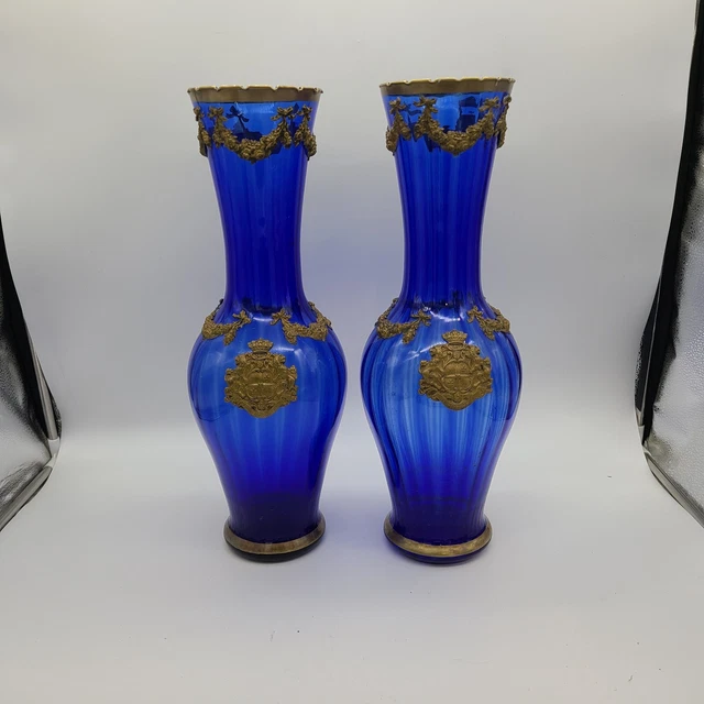 Pair Very rare Large French Cobalt blue Ormolu brass/bronze over glass vases 19"
