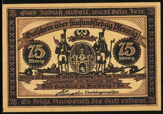 Notgeld Freiberg i. Sa. 1921, 75 Pfennig, Zwei Bergleute halten Wappen