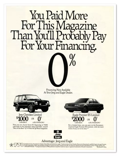 1990 Jeep Cherokee & Eagle Premier ES Vintage Full-Page Magazine Chrysler Ad