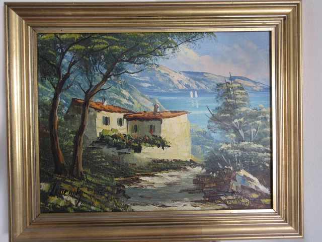 Tableau à L'huile Sur Toile Signé Pierre Arnaud - Grand Paysage Marin, Encadré, Bon état