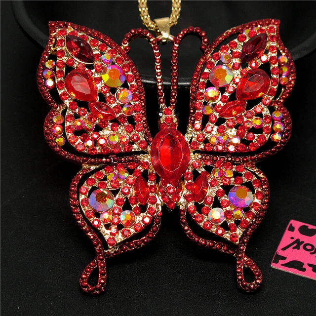 Betsey Johnson Cute Rhinestone Red Butterfly Crystal Pendant Chain Necklace