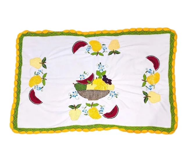 Vintage Hand Embroidered Table Cloth Center Piece Fruit Crocheted Trim 38x57"