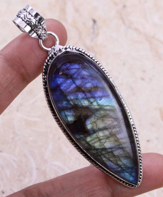 Color Enhanced Purple Labradorite 925 Silver Plated Handmade Pendant 2.7" Gift