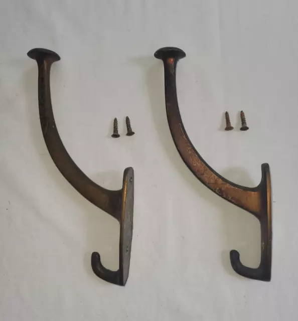Pair Antique Solid Brass Coat Hooks Arts & Crafts Hall Tree 8" Long Large