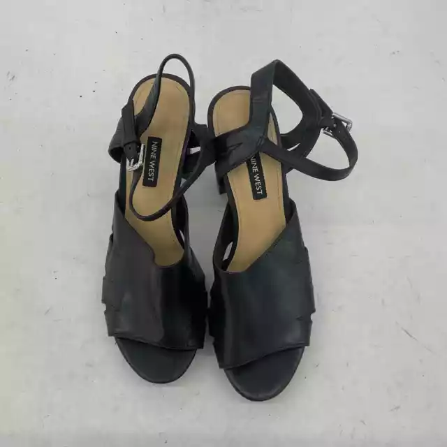 Nine West Black Leather Ankle Strap Block Heel Peep Toe Sandals Womens 9 3