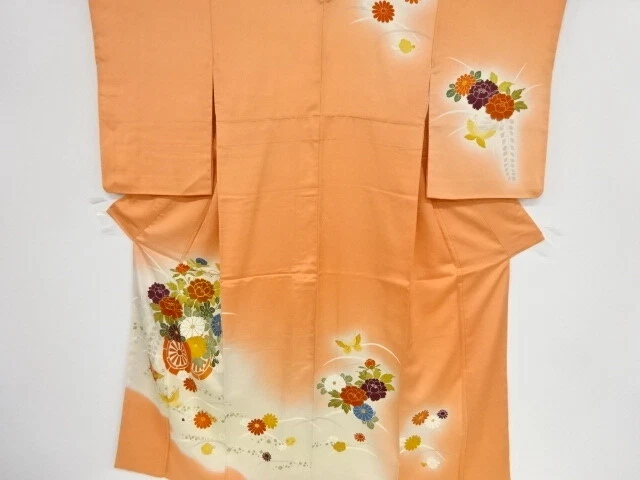 44924# Japanese Kimono / Antique Kimono / Embroidery / Floral Cart & Butterf