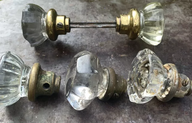 Antique Brass 8 & 12 Point Glass Door Knob Lot - 3 knobs + 1 set w/spindle 3