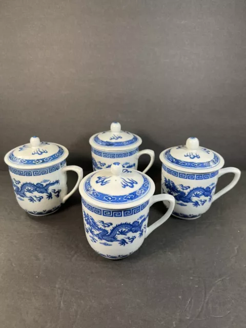 4 Vintage Chinese Porcelain Dragon Blue and White Tea / Coffee Cup Mug with Lid