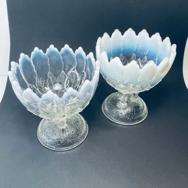 Antique Pair of 1906 Northwood Opalescent Glass Hilltop Vines footed Compotes