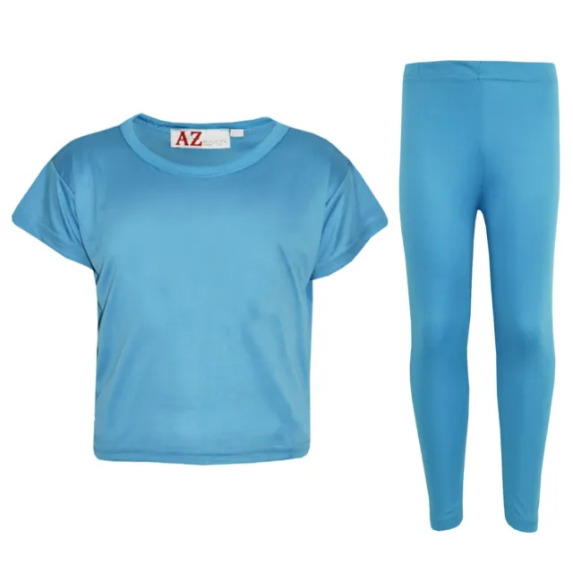 Kids Girls Top Plain Turquoise Stylish Crop Top & Fashion Legging Set 5-13 Years