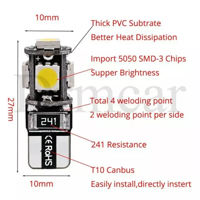 1 LAMPADA LED T10 5 SMD CANBUS No Errore BIANCO Xenon Per Targa Posizione Luci