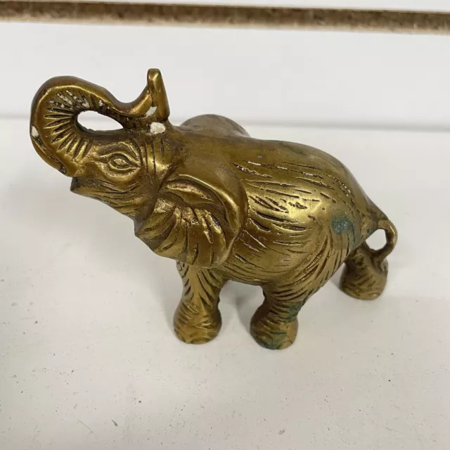 Vintage Heavy Solid Brass Elephant Statue Figurine Trunk Up Good Luck 3.75”