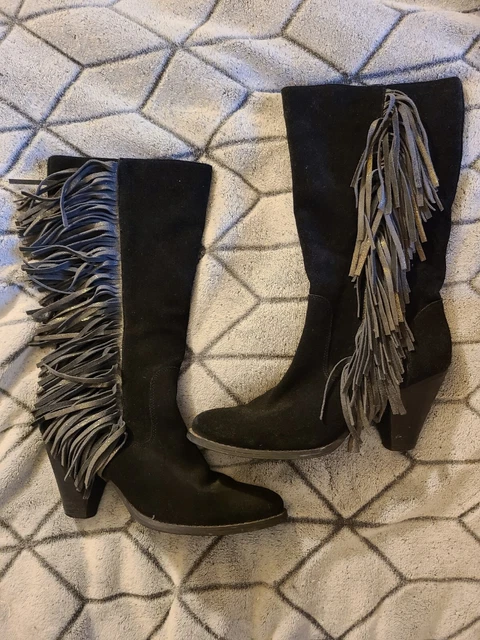 Reba Size 9 COWGIRLY Black Suede Fringe Mid Calf  Womens Boots