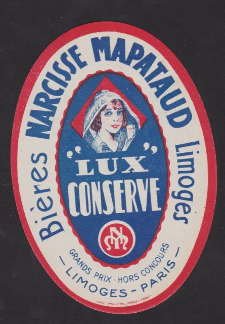 Ancienne étiquette alcool  France BN106643 Bière Narcisse Mapataud Limoges Femme