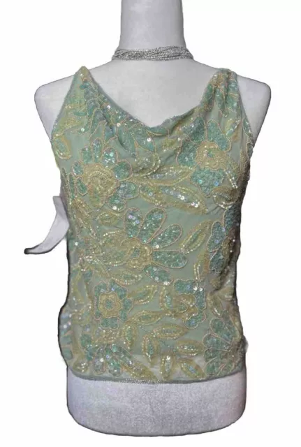 Chaudry Green Blue Floral  sequins Silk Tank Blouse  top Small A5