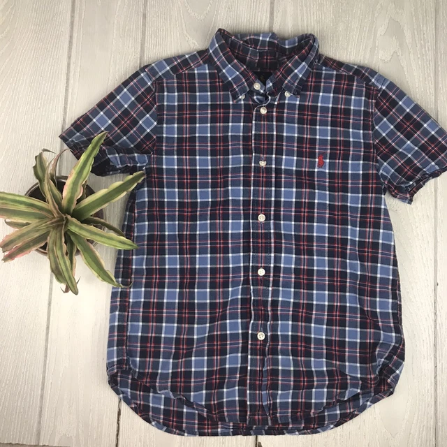 Ralph Lauren Boys Plaid Buttoned Dress Shirt Short Sleeve Collared Blue Size 6