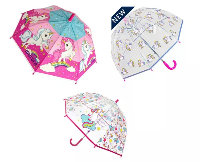 Kids Unicorn Dome Umbrella Girls Pink Rain School Strong Children See Through